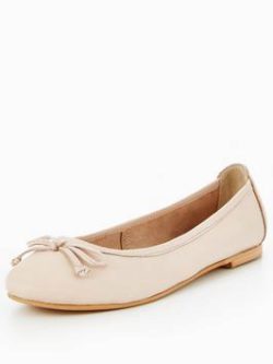 V By Very Leah Leather Bow Detail Flat Ballerina Shoe - Nude